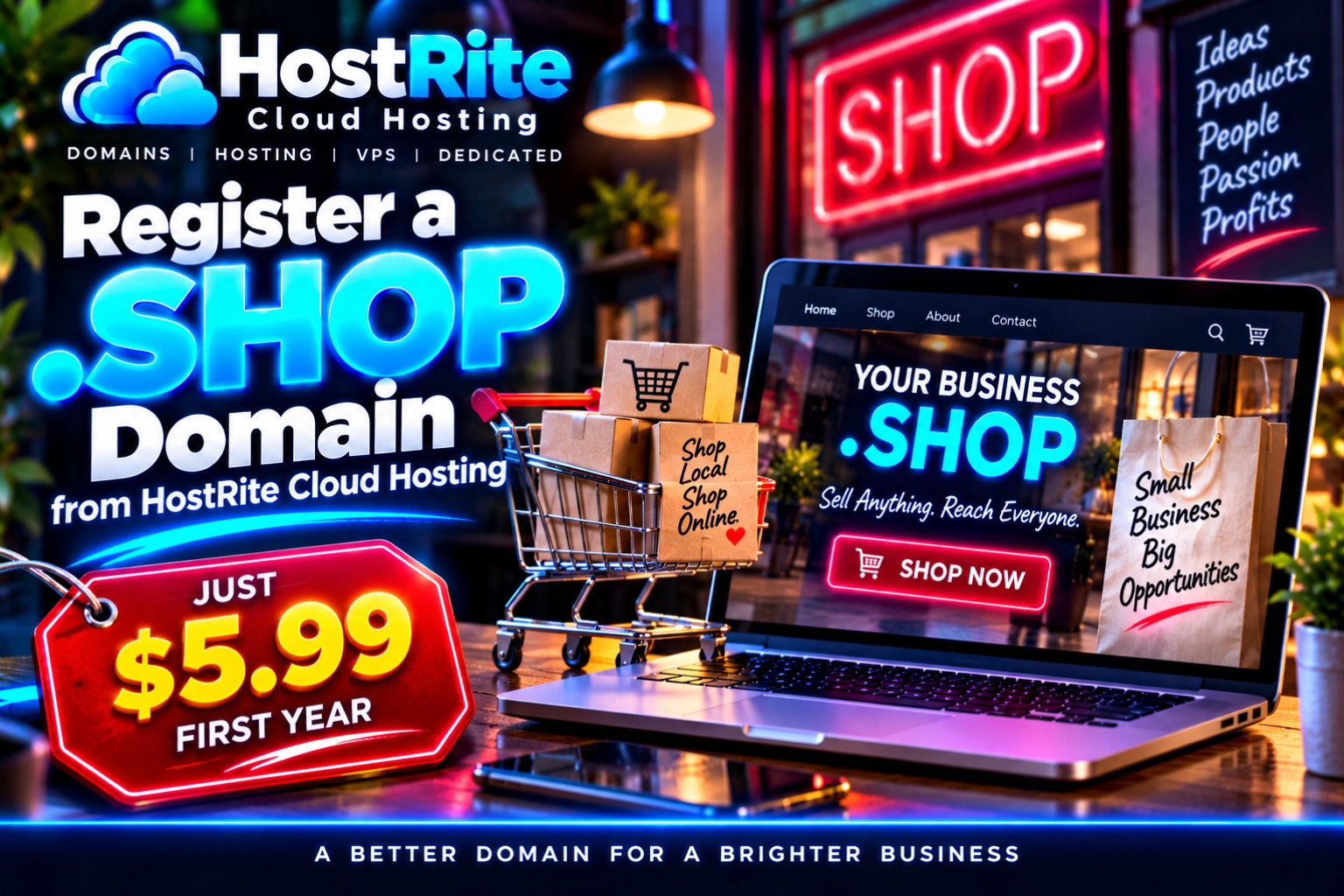 Promotional montage for hostrite cloud hosting with neon shop signage a shopping cart filled with boxes and a laptop showing an online shop